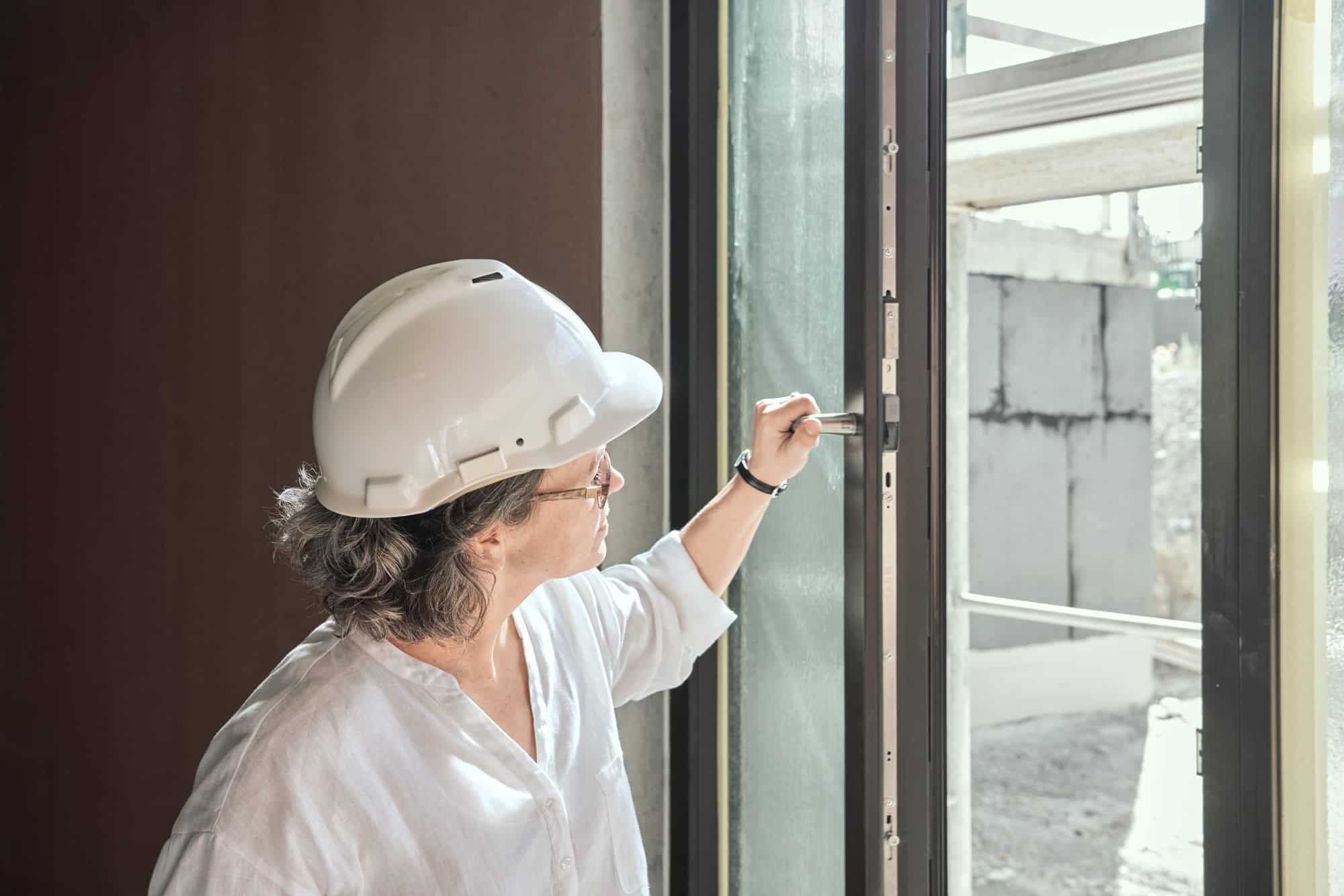 Architektin mit einer weissen Bluse und Baustellenhelm öffnet das schwarze Holz-Metall Fenster