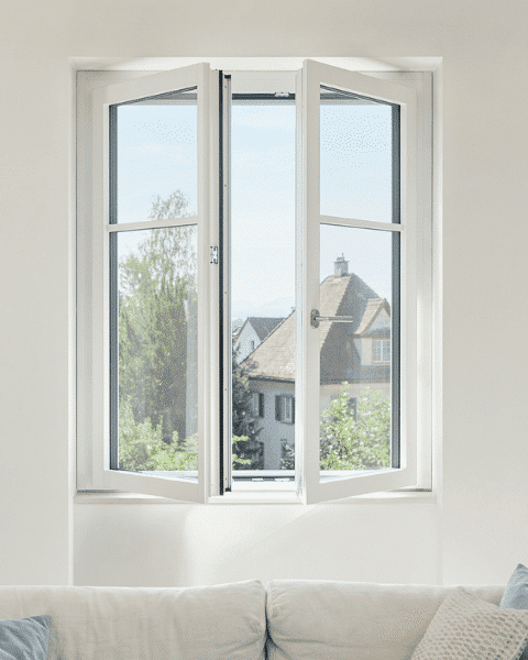 Weisses Renovationsfenster RF1 offene Flügel und weisses Sofa steht davor