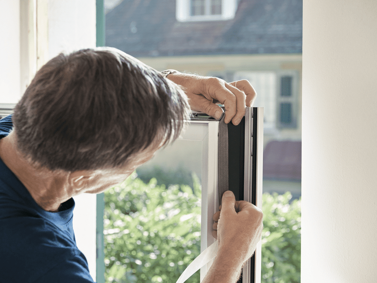 Monteur dichtet die Fenster vom Renovationsfenster ab