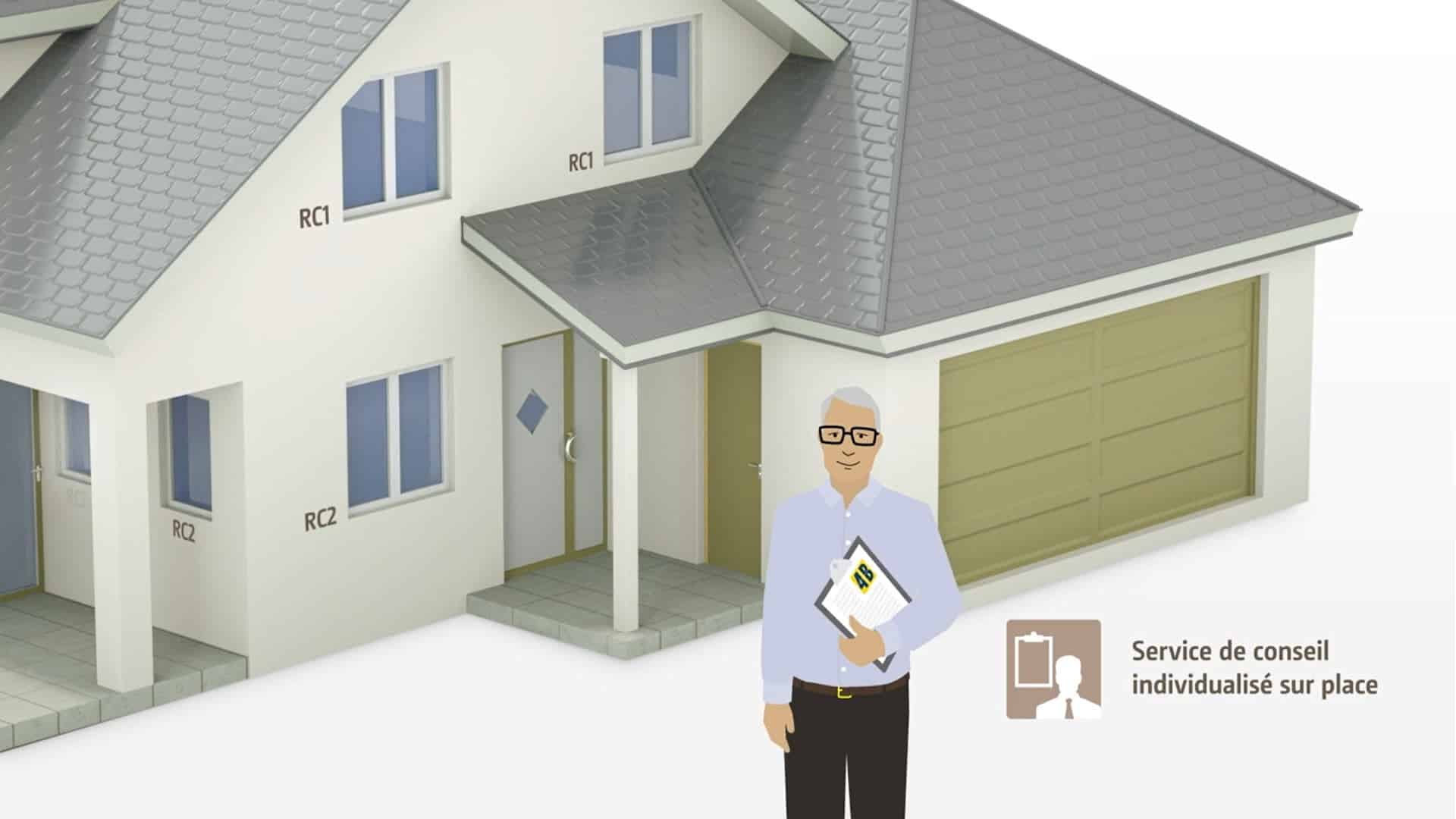 Un consultant 4B avec un presse-papiers devant une maison familiale.