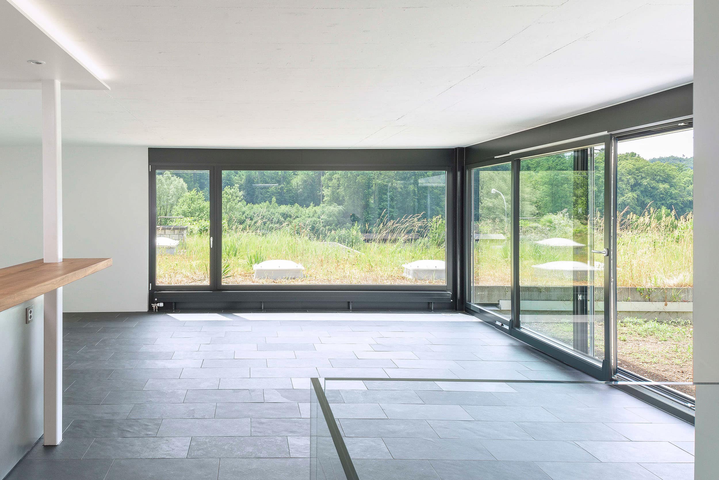 Fensterrenovation: Lichtdurchfluteter Wohnbereich mit grossen Fenstern und Parallelschiebetür.