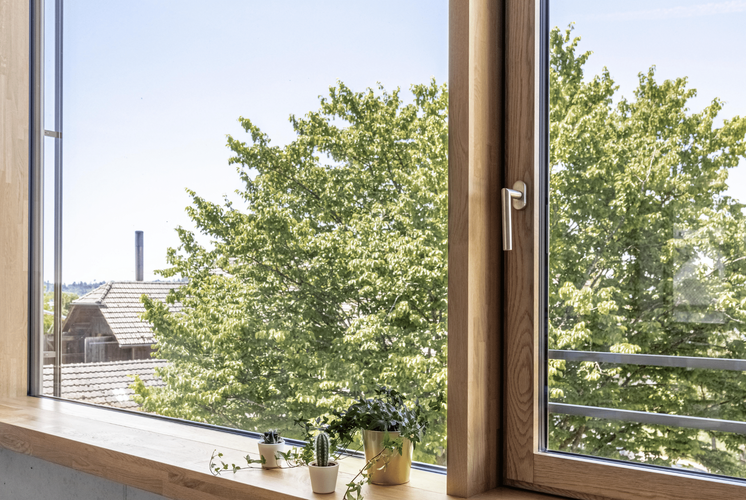 Innenansicht des Fensters im Schulzimmer des Schulhauses Spiegel mit Holzrahmen innen