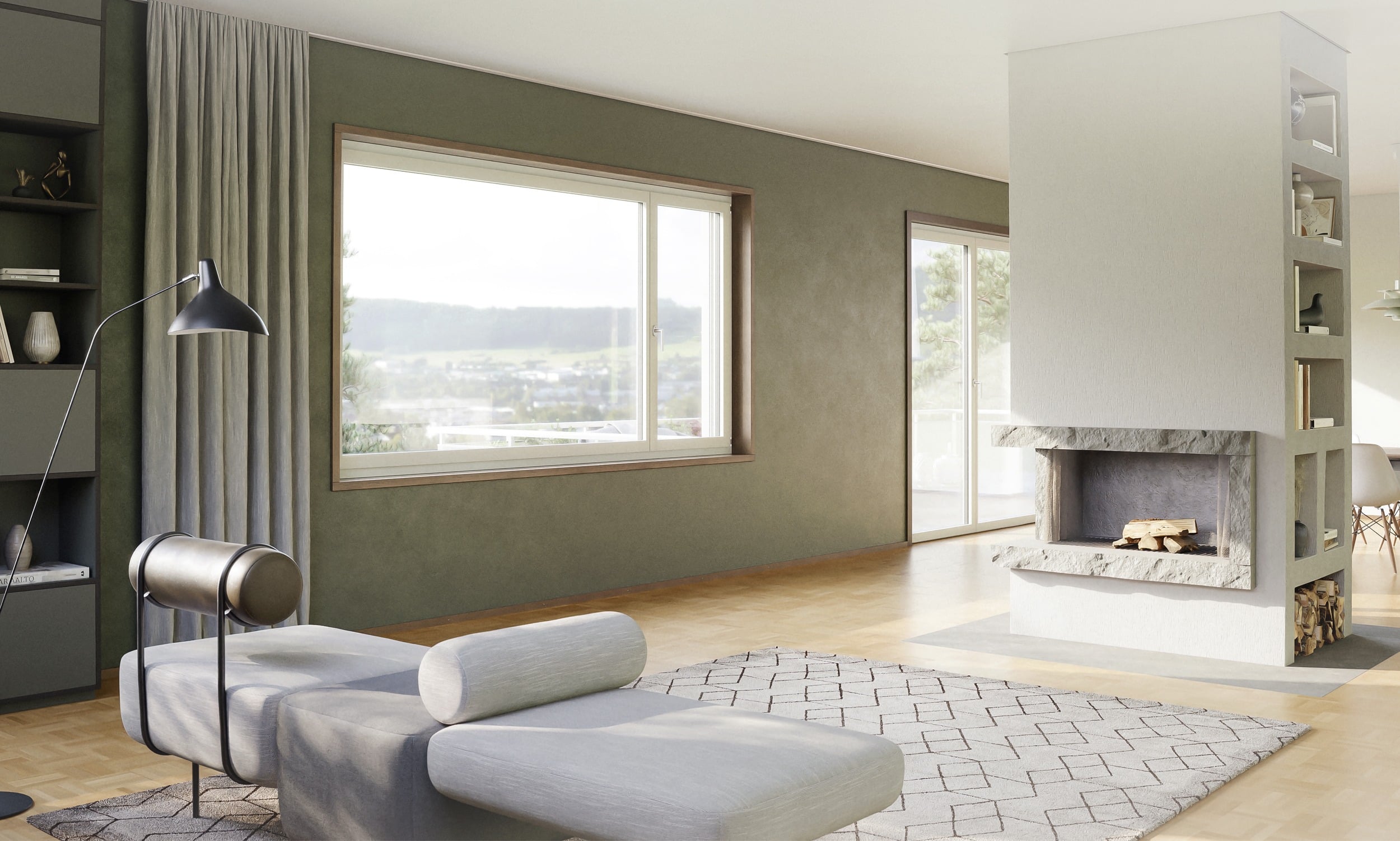 Wohnzimmer mit Cheminee und Fenster mit Holzlasur