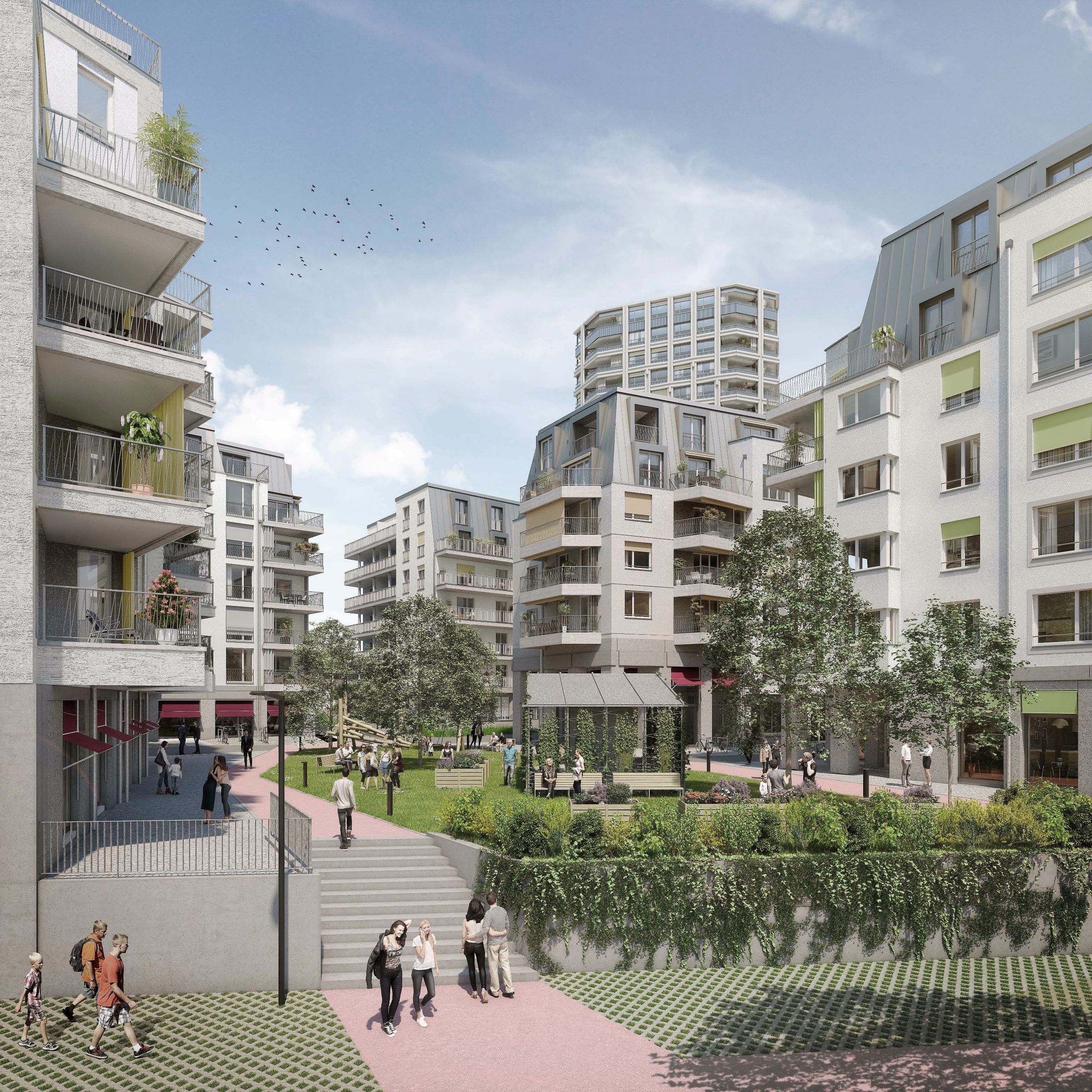 Rendering vom Ahornhof im Glasi-Quartier