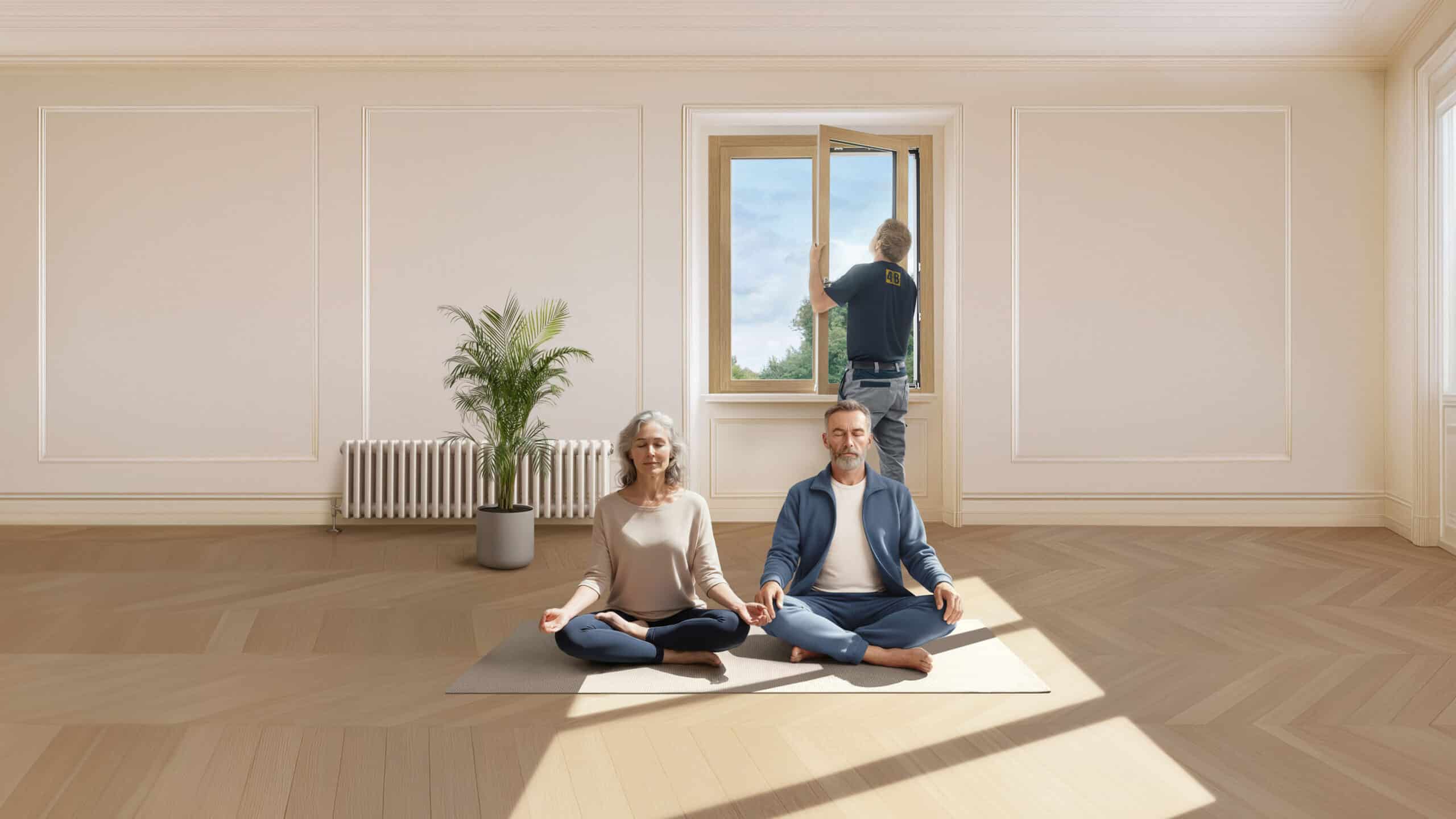 Eine Frau und ein Mann meditieren auf einer Matte im Wohnzimmer, während eine 4B Monteur im Hintergrund das Renovationsfenster RF1 design montiert.
